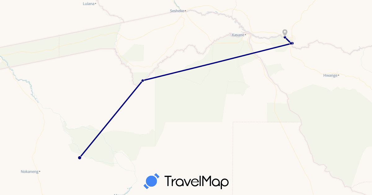 TravelMap itinerary: driving, plane in Botswana, Zambia, Zimbabwe (Africa)